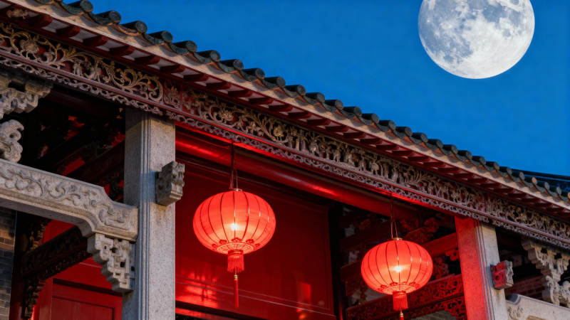 月下红灯映古檐图片