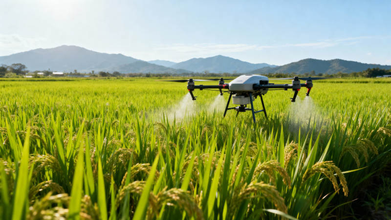 无人机喷洒稻田图片
