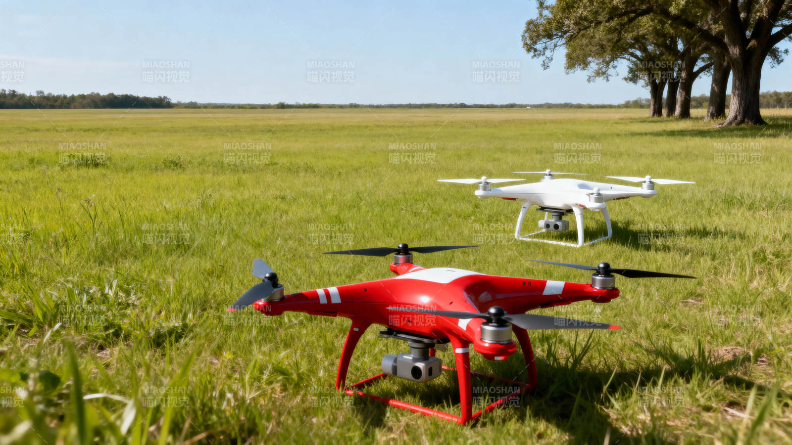 红白无人机草地飞行图片
