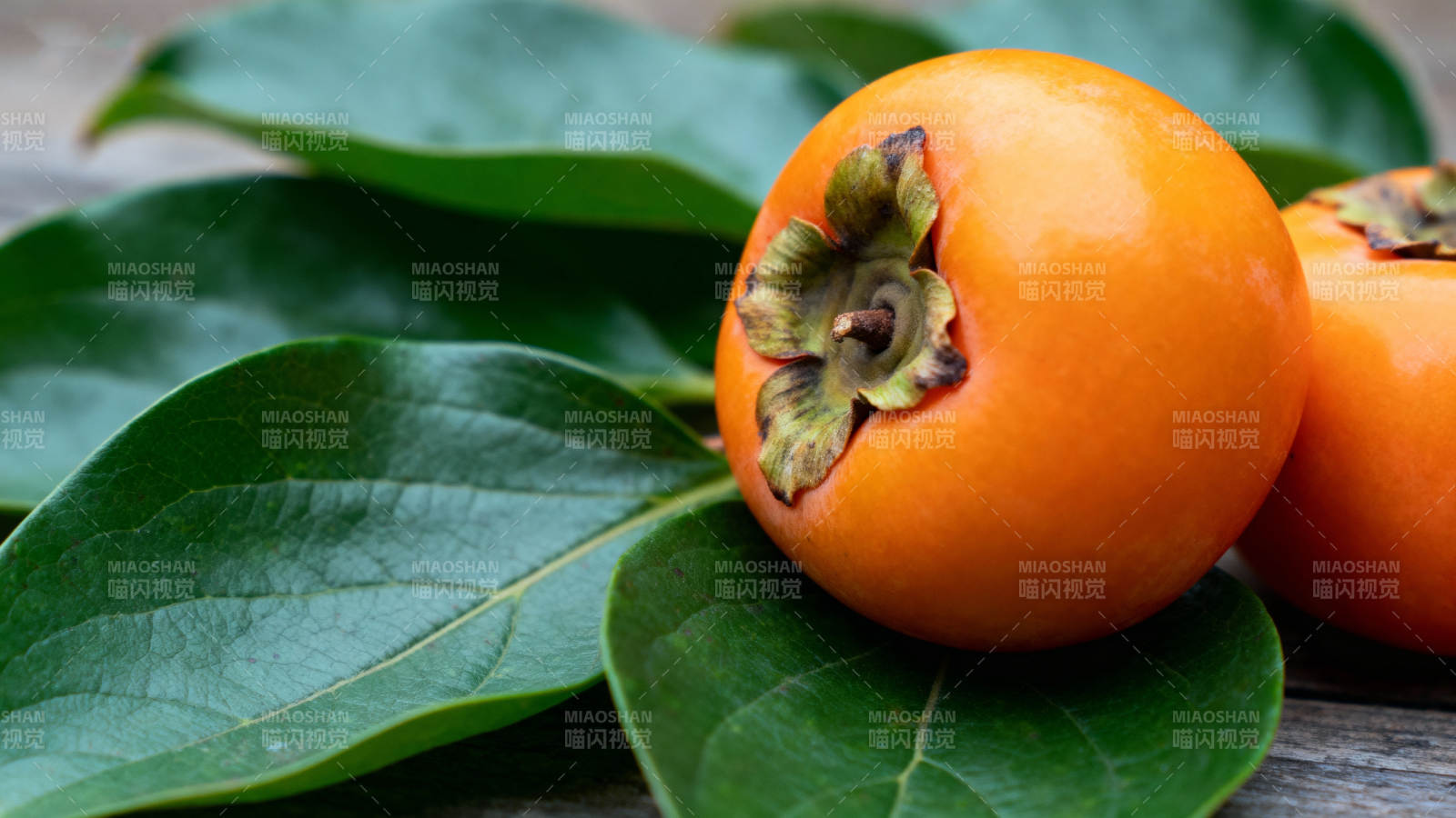 橙色柿子与绿叶图片