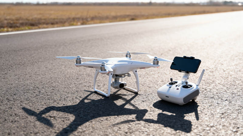 无人机与遥控器静置路面图片