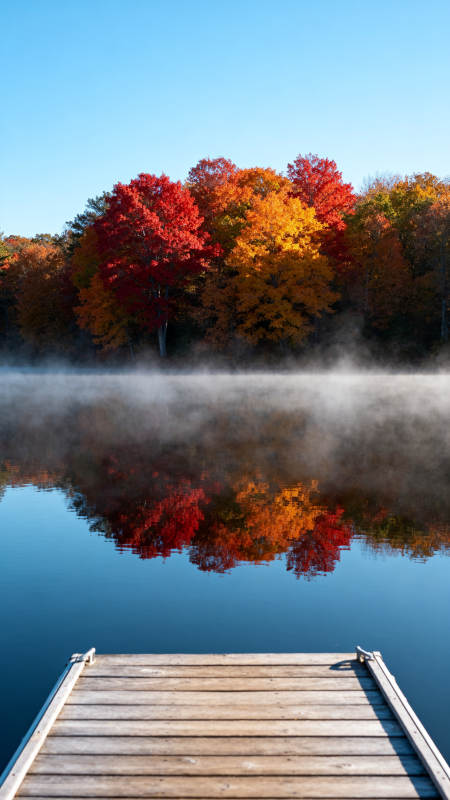 秋湖晨雾映彩林图片