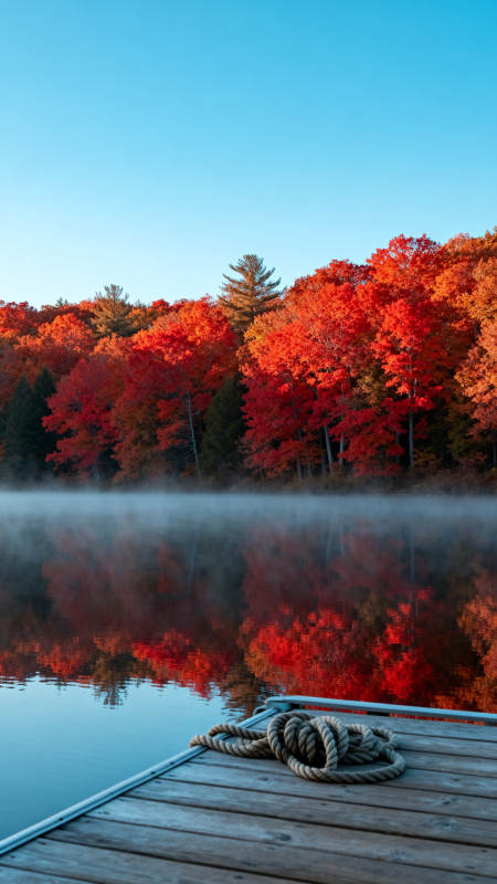 秋湖晨雾映红林图片