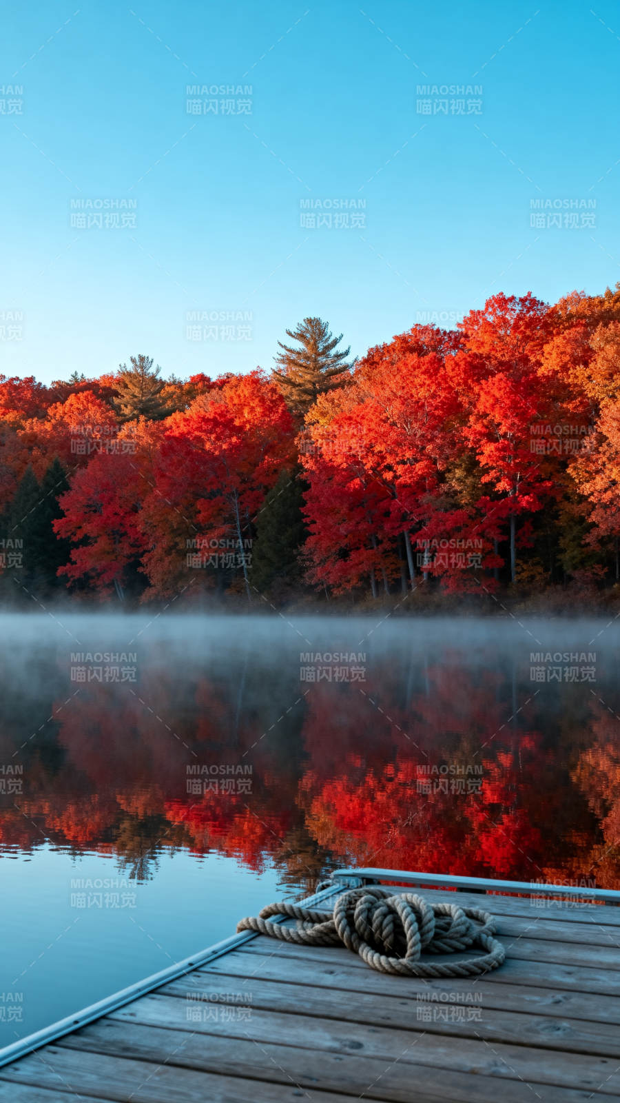 秋湖晨雾映红林图片