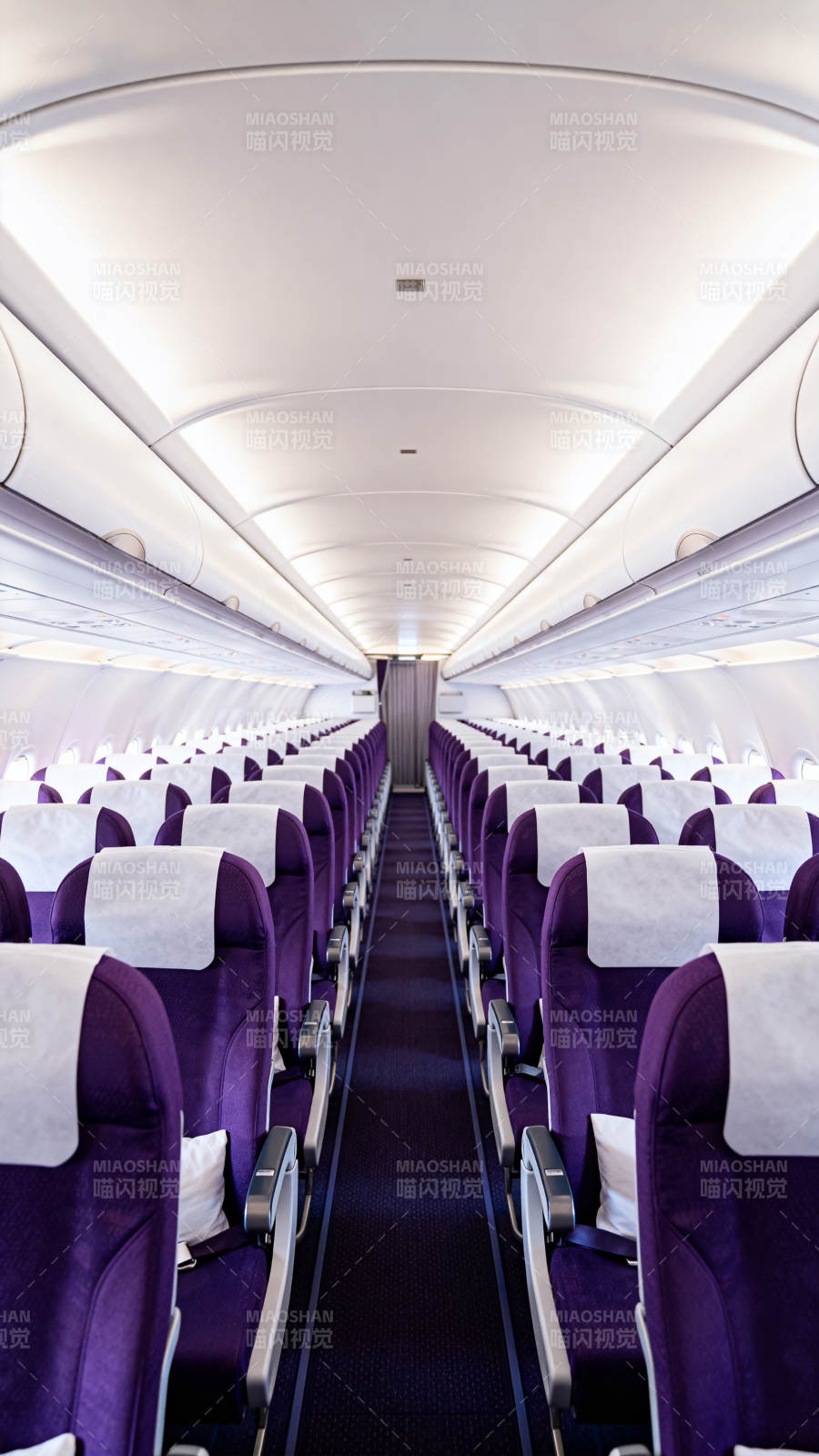 紫色座椅的飞机客舱图片