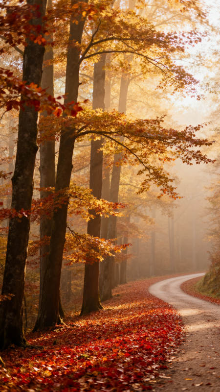 秋林小径晨雾图片