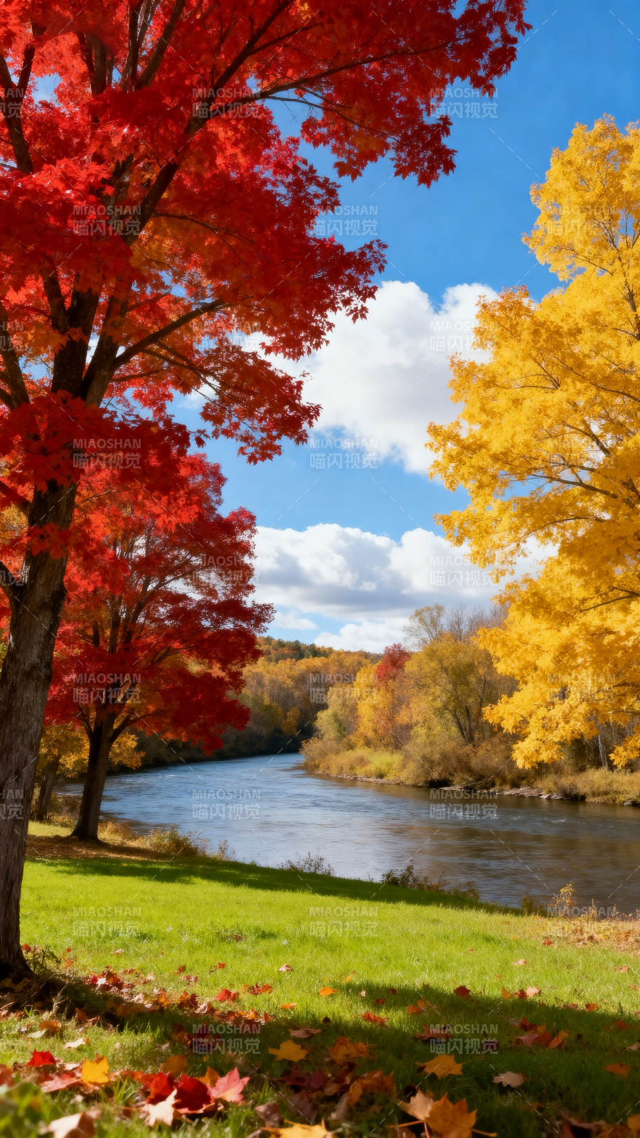 秋色斑斓河畔景图片
