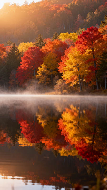 秋湖晨雾映彩林图片