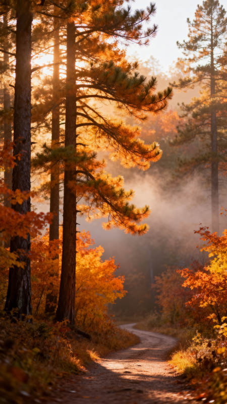 秋林晨雾小径图片