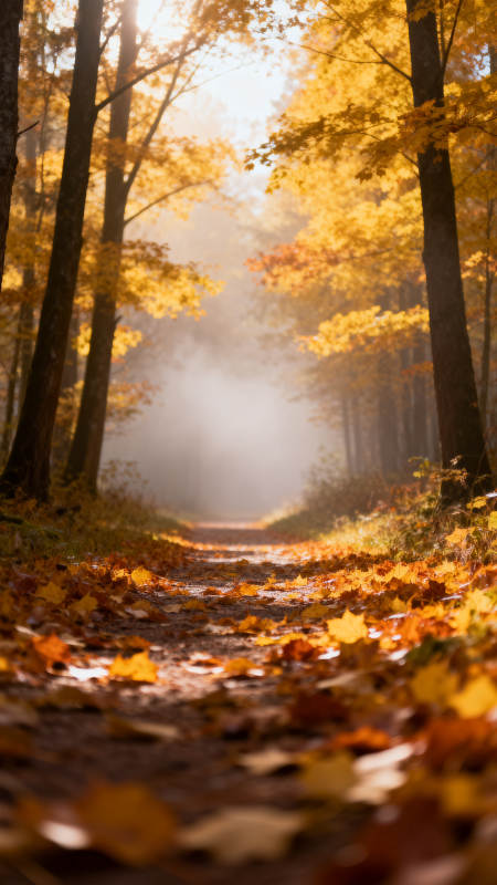 秋林小径晨雾图片