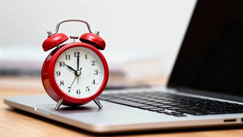 红色闹钟置于笔记本上图片