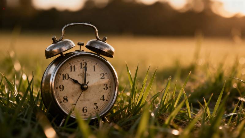 草地上复古闹钟图片