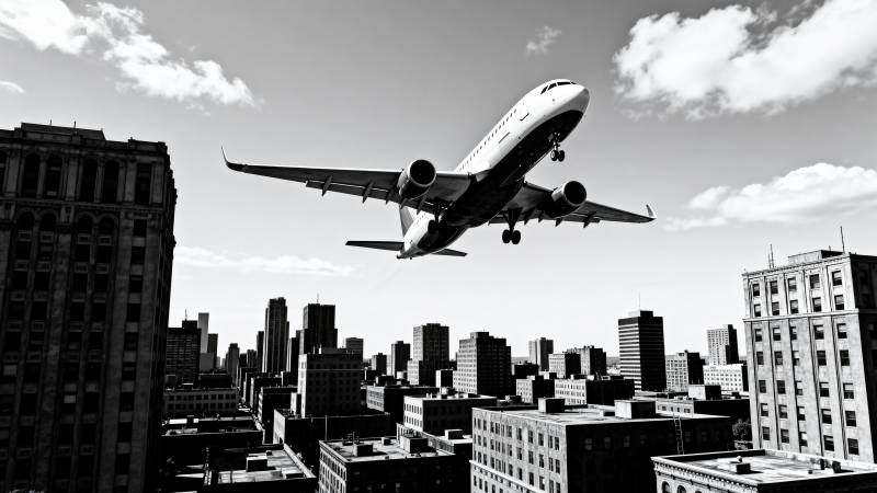 飞机飞越城市上空图片