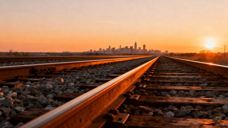 铁轨尽头的城市剪影图片