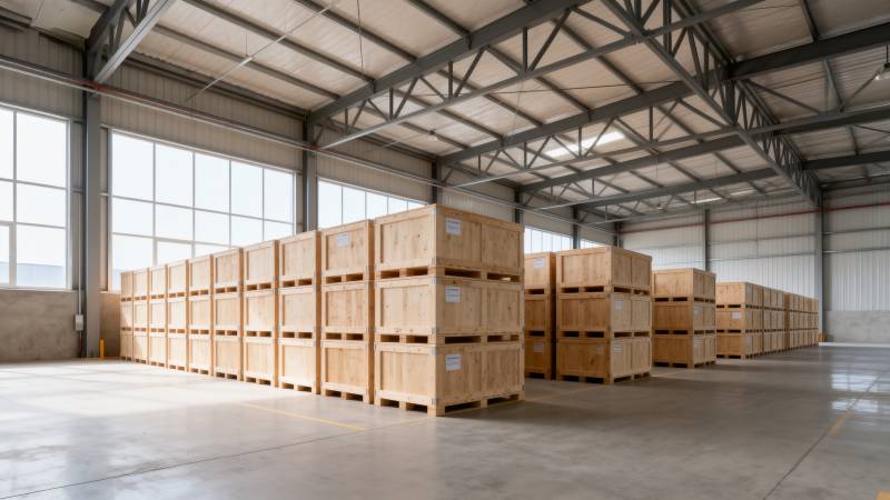 仓库内整齐堆放的木箱图片