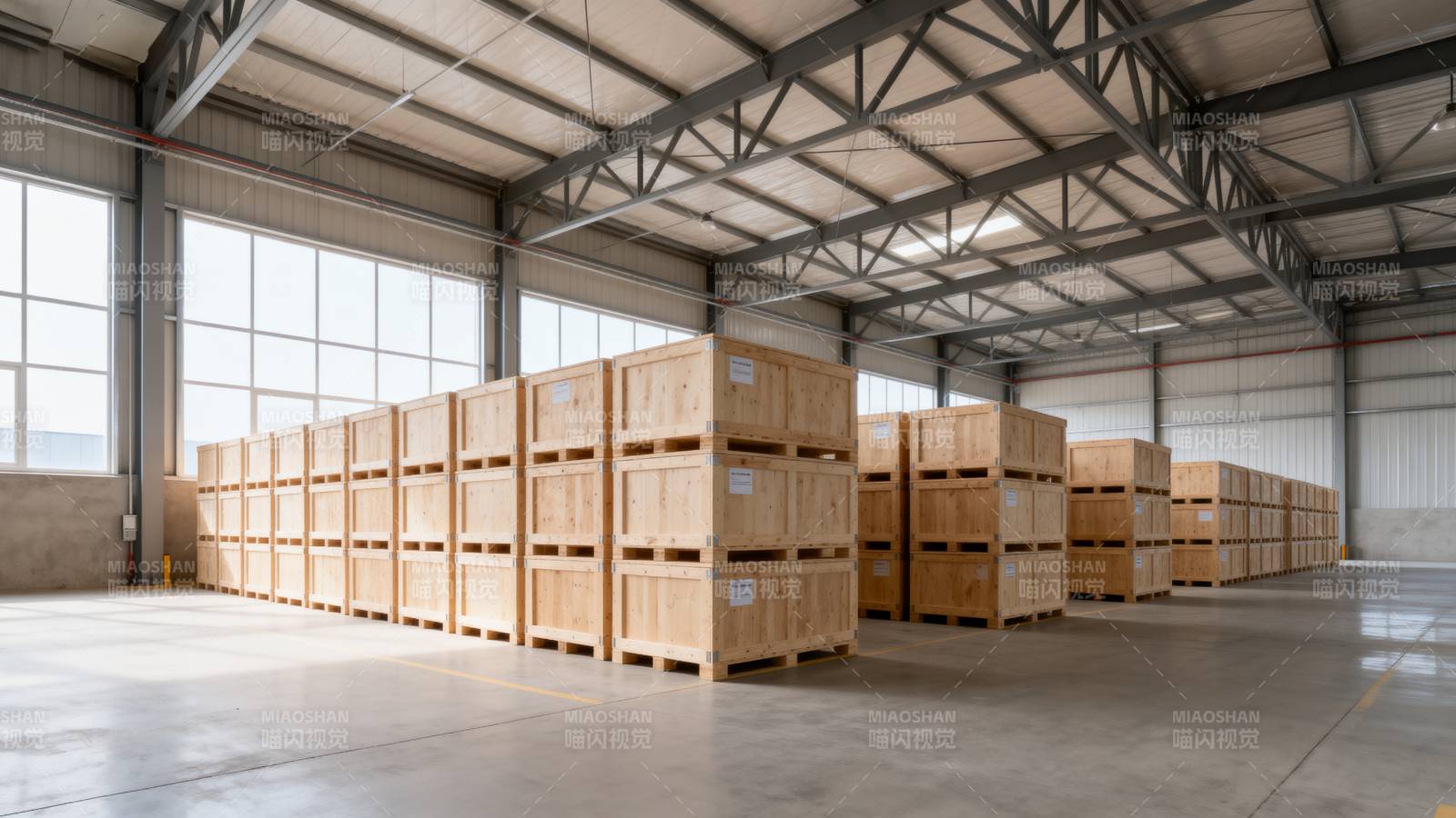 仓库内整齐堆放的木箱图片
