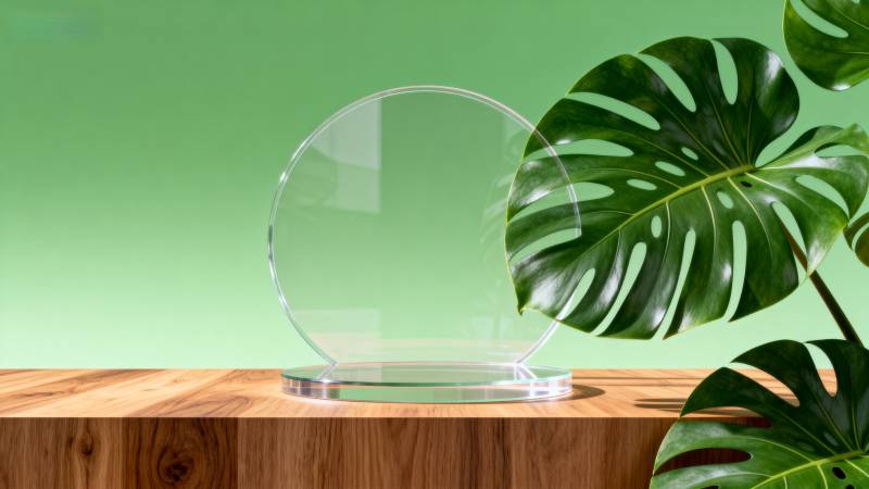 绿叶映衬透明奖杯图片