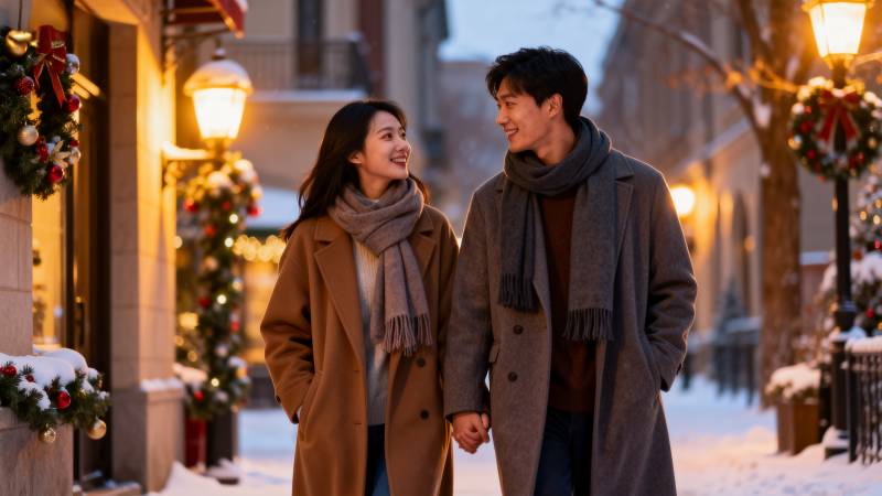 冬日街头情侣漫步图片