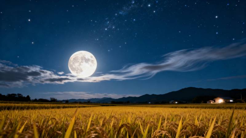 月夜稻田静谧美图片