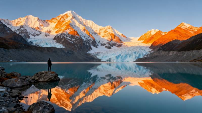 雪山倒影湖畔人图片