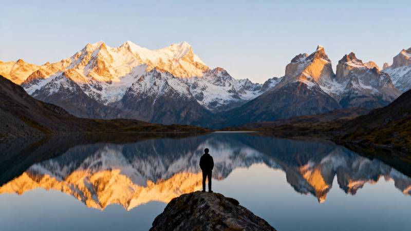 雪山倒影湖畔人图片