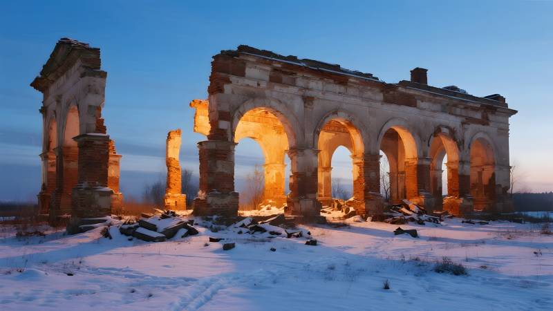 雪中古迹残阳照图片