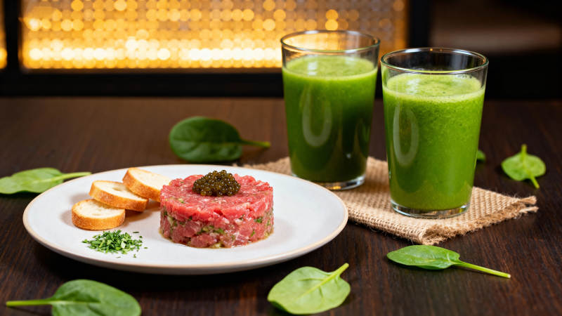 牛排配绿色饮品图片