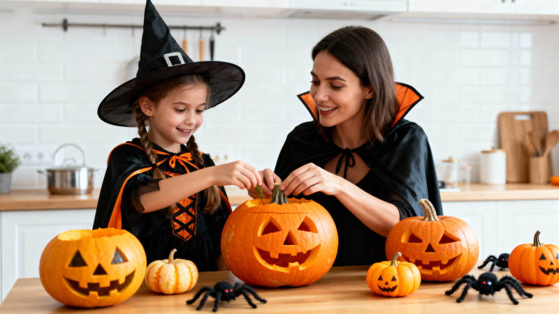 母女共雕南瓜灯图片