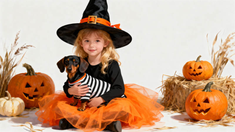 万圣节小女巫与萌犬图片