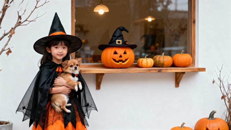 万圣节小巫师与萌犬图片