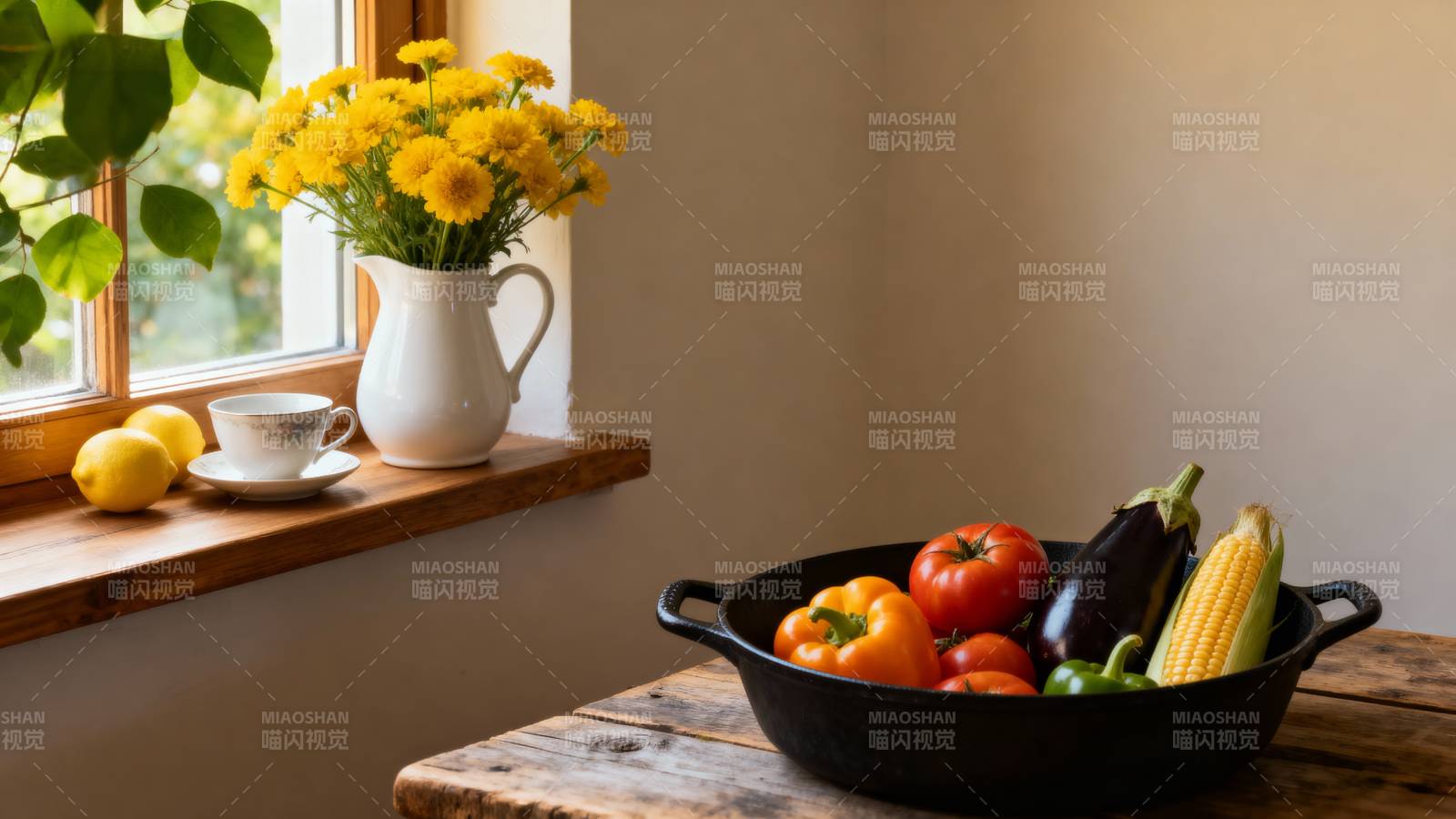 窗边蔬果静物图片