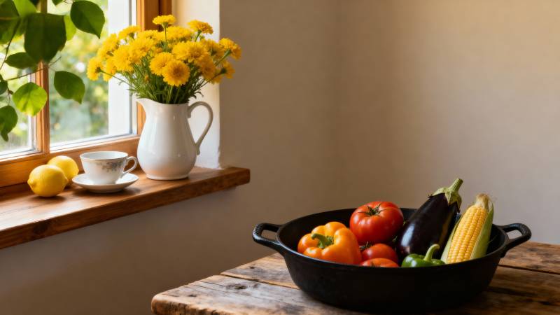 窗边蔬果静物图片