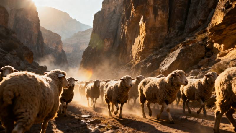 羊群穿行峡谷图片