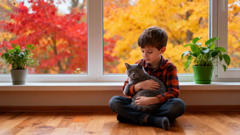 秋窗童伴猫图片