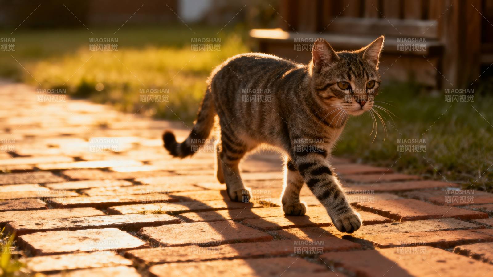 小猫漫步砖路图片
