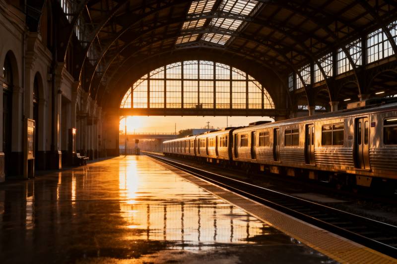 夕阳下的车站图片