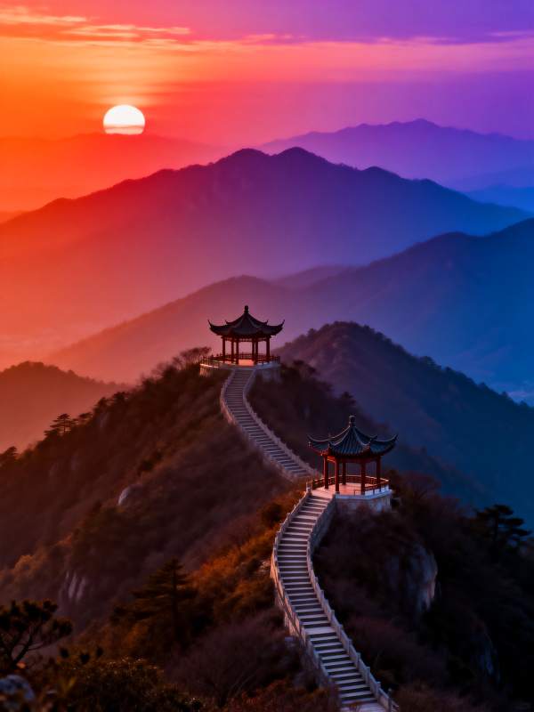 山巅亭影日落时图片