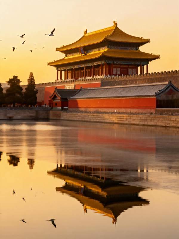 故宫夕照倒影图片