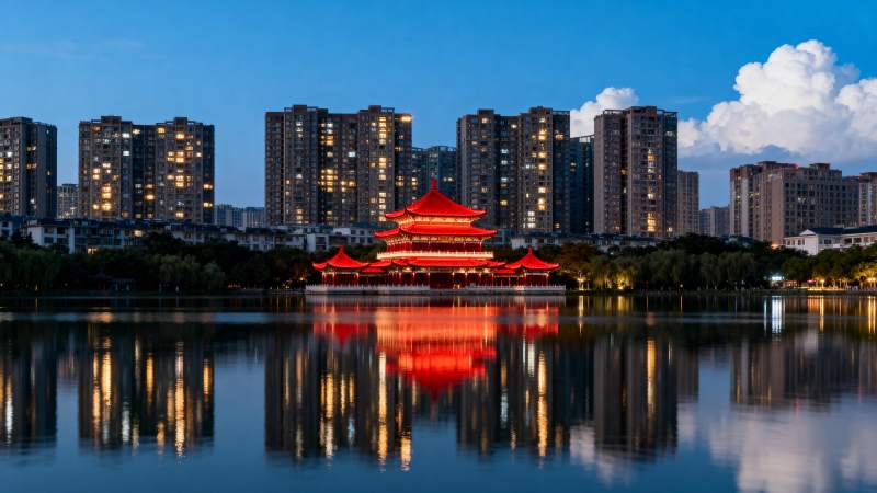 湖畔夜景映楼阁图片