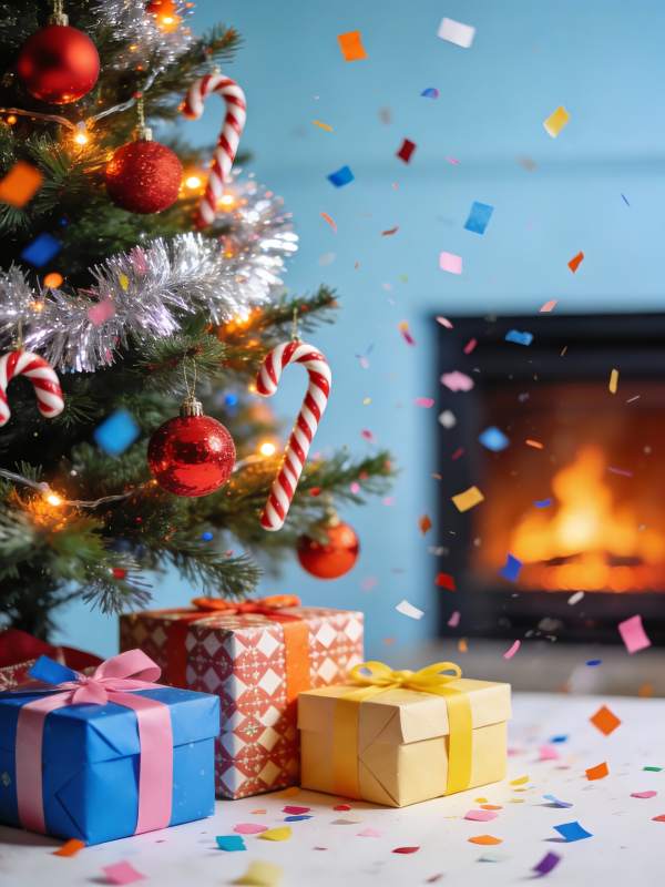 圣诞树下礼物纷飞图片