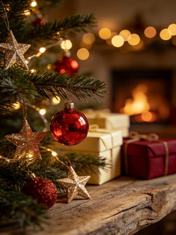 圣诞树下礼物与炉火图片