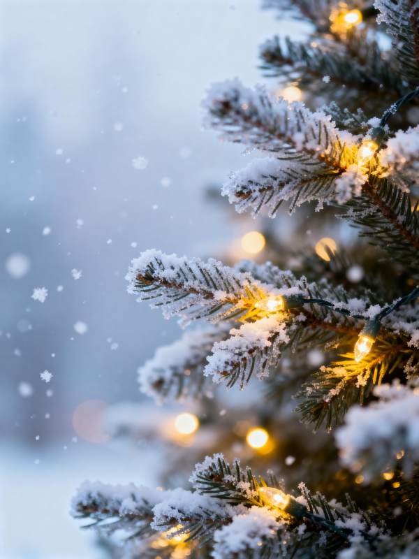 雪夜灯影松枝图片