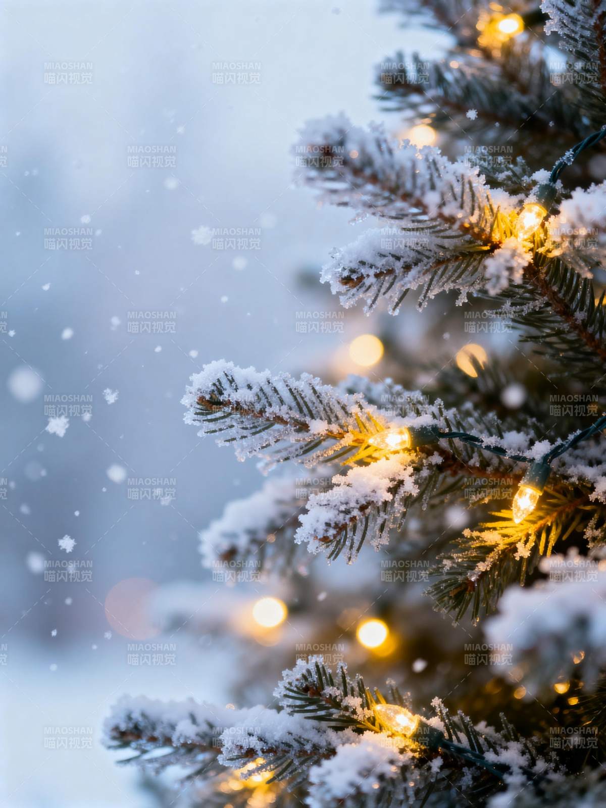 雪夜灯影松枝图片