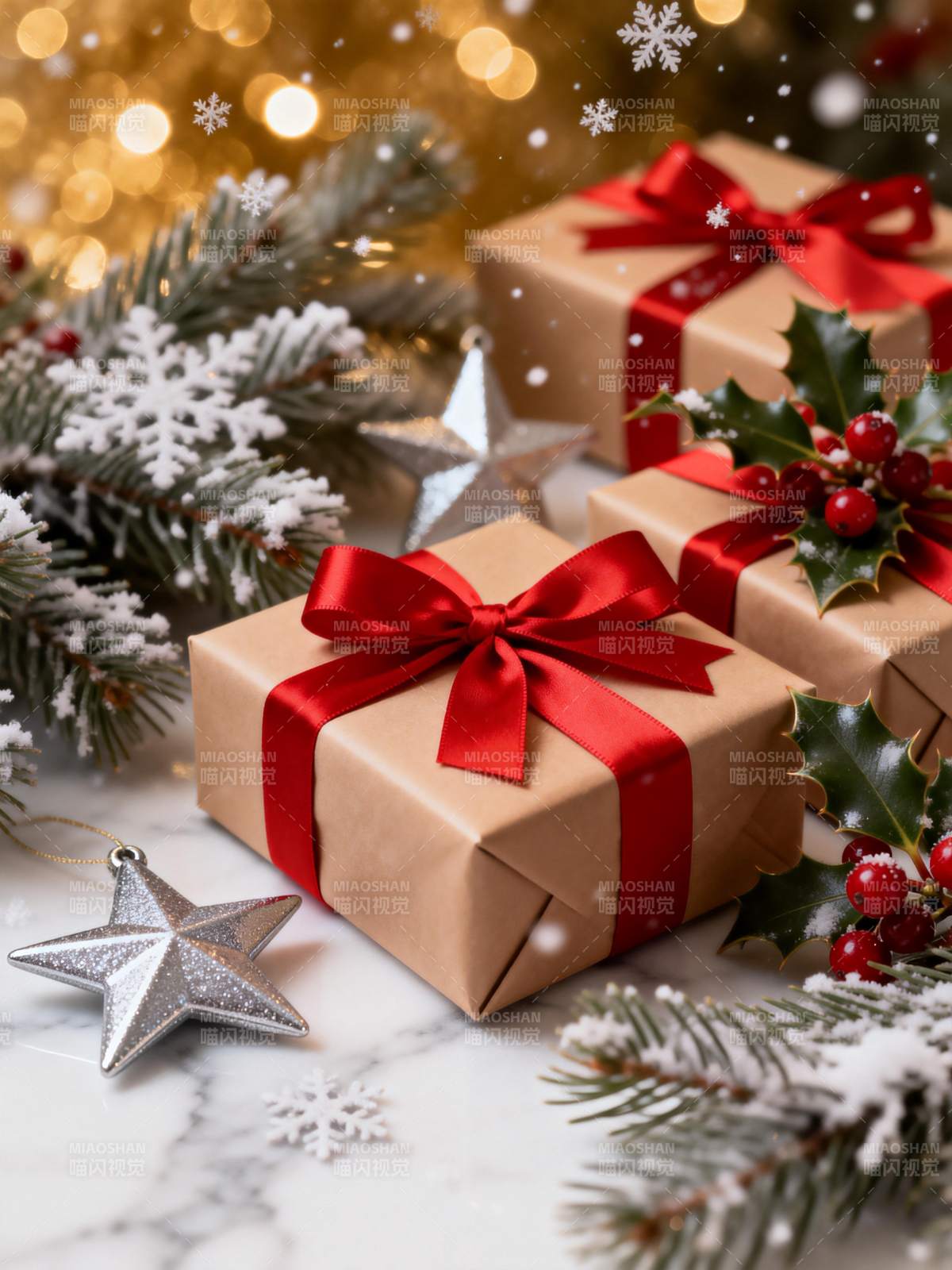 圣诞礼盒与雪景图片