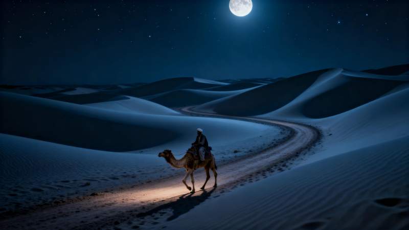 月夜沙漠驼影图片