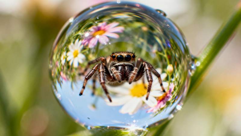 蜘蛛水珠花影图片