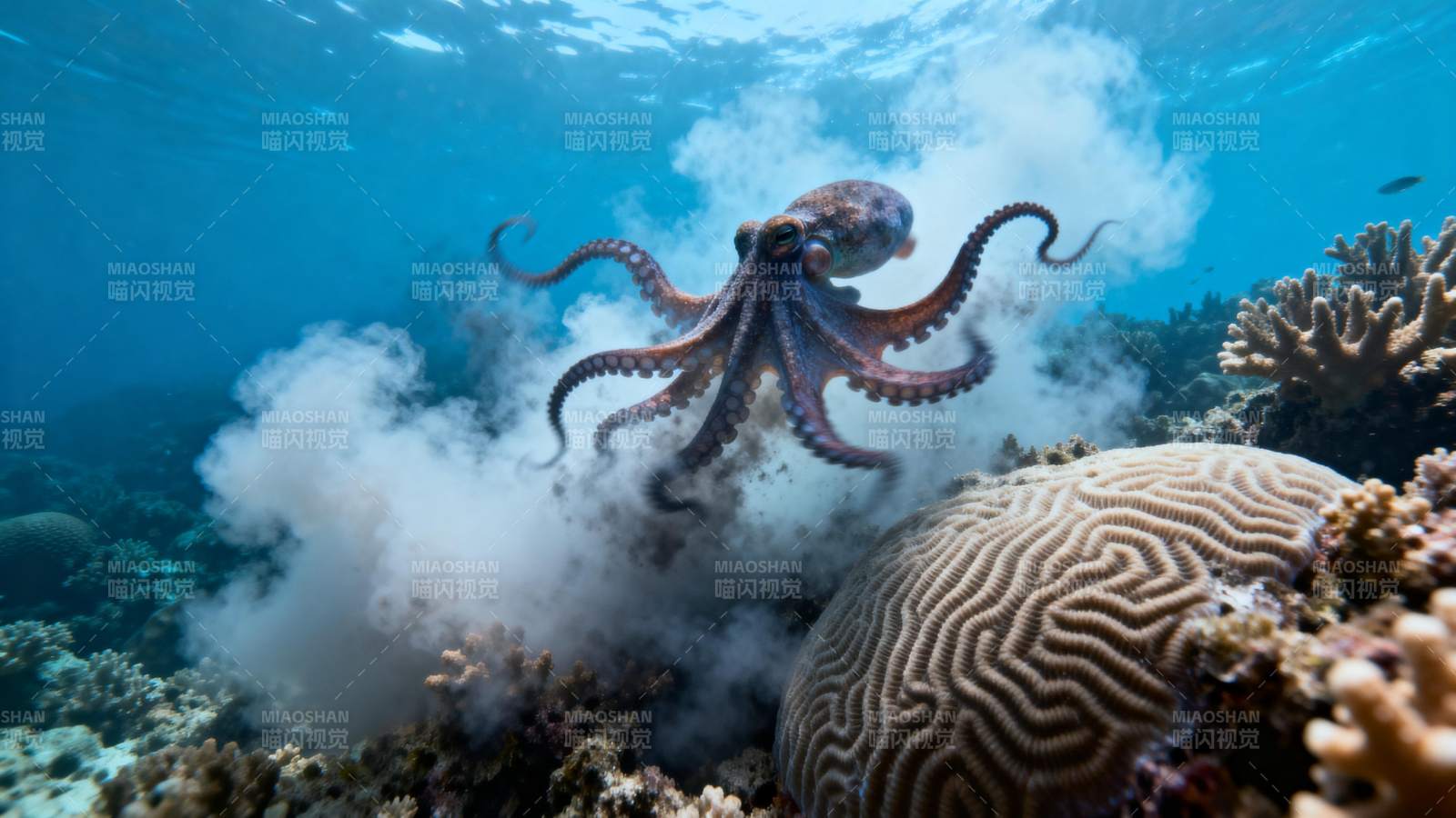 章鱼在珊瑚礁中游动图片