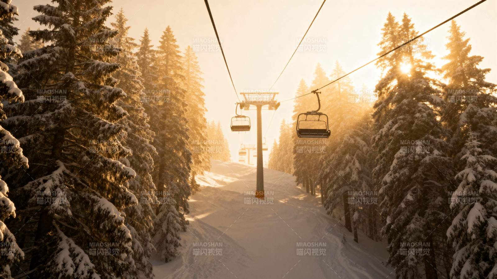 雪林缆车日出图片