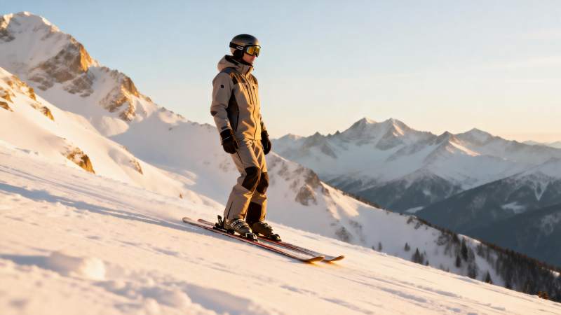 雪山滑雪者静立远眺图片