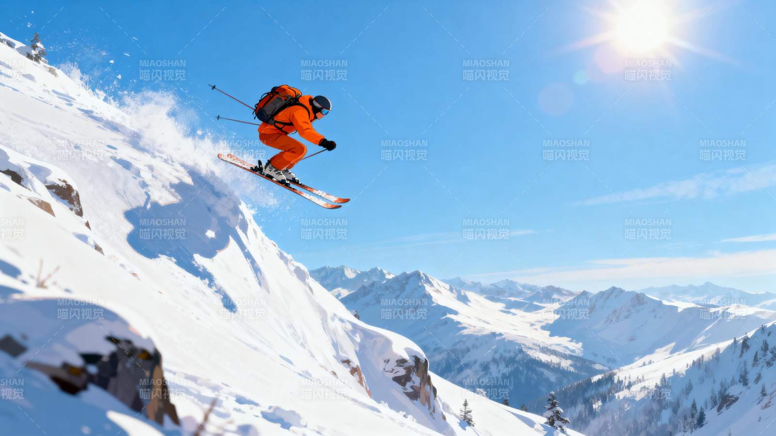 滑雪者飞跃雪山图片